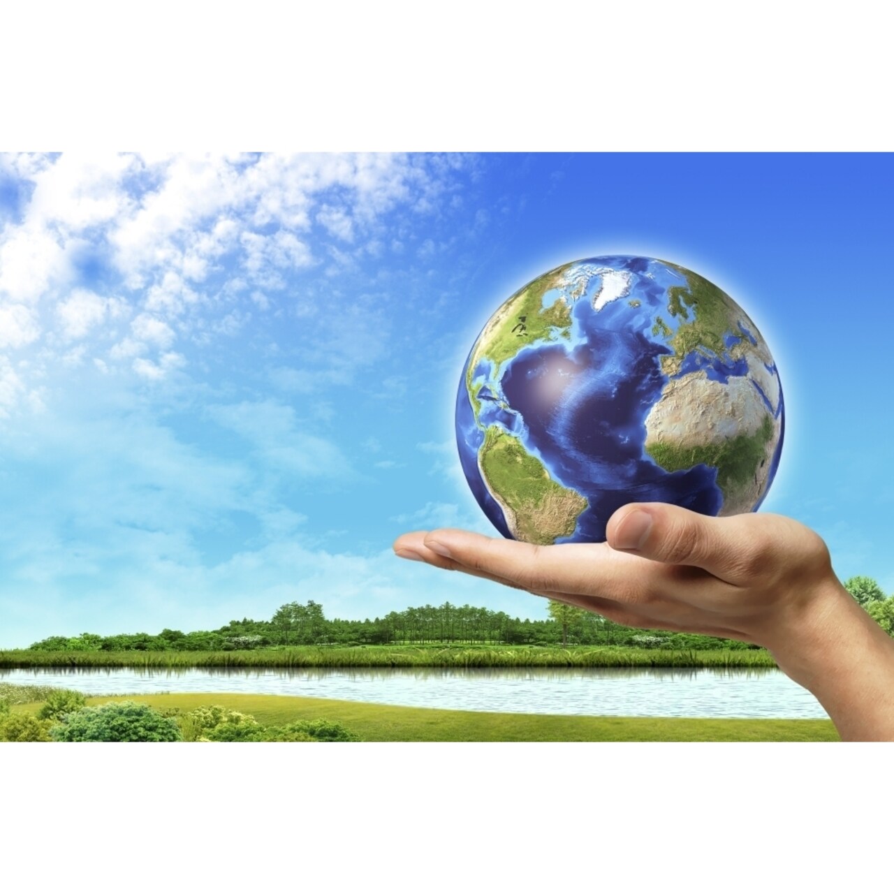 Human Hand Holding Earth Globe With A Green Landscape Background Poster Print